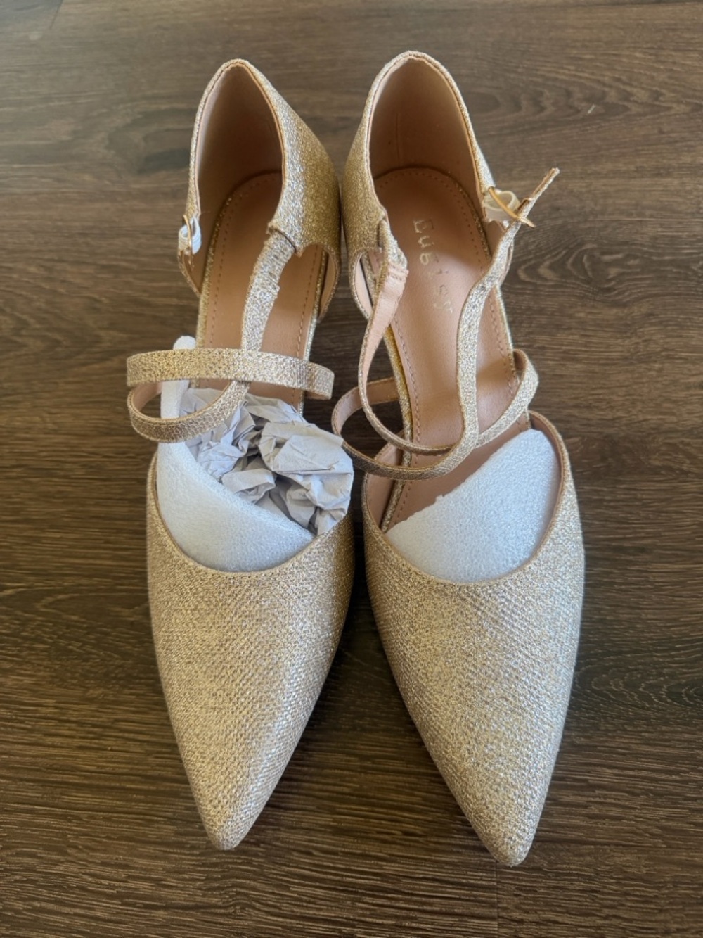 Eugisy Gold Glitter Pointed-Toe Strap Kitten Heel Shoes Sz 13